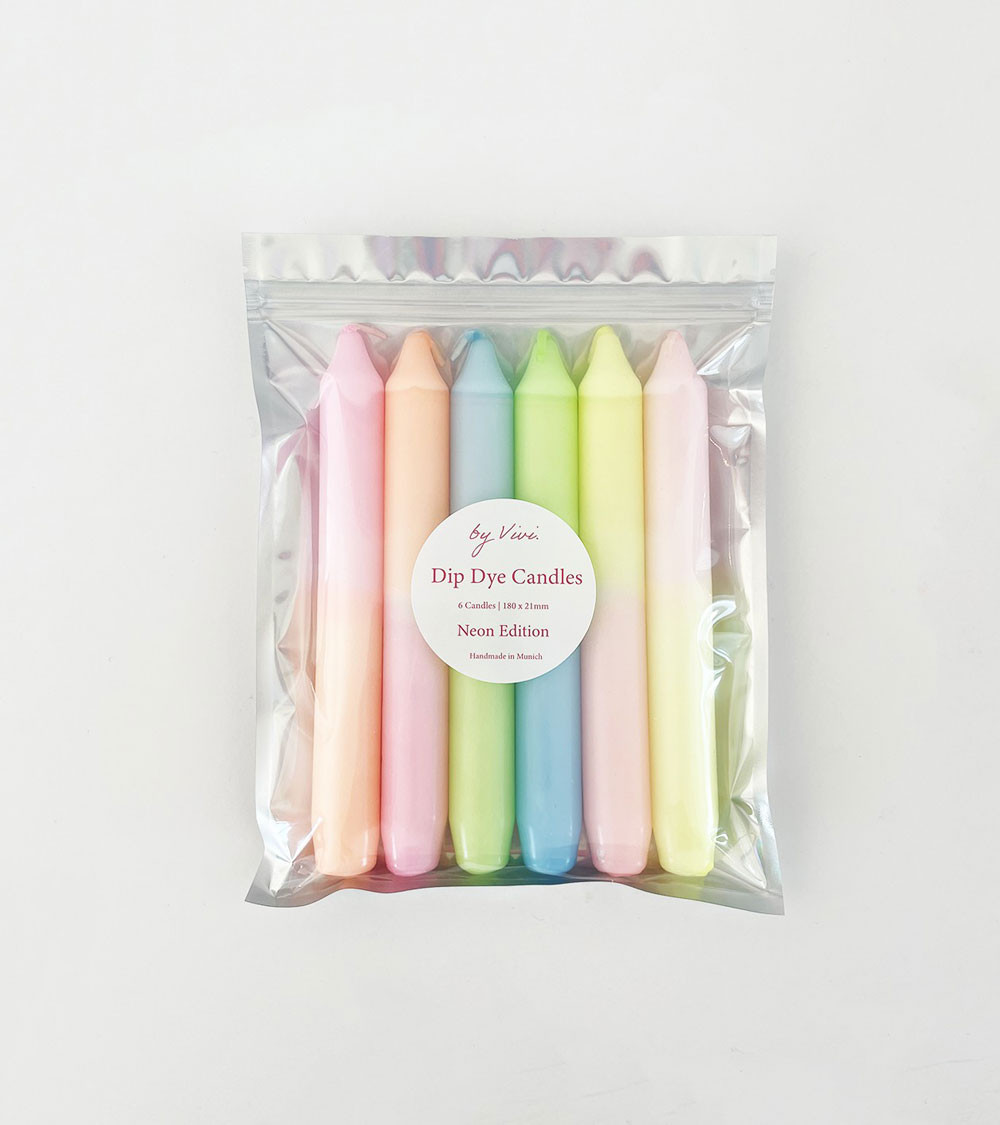 Bougies Dip Dye Neon Edition – Un pack audacieux de 6 bougies aux couleurs néon vibrantes.