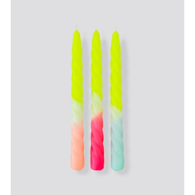 Bougies Dip Dye Twisted Ice Cream Yellow – Un trio torsadé vibrant avec des teintes de jaune fluo, corail et menthe.