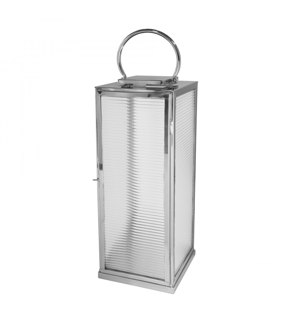 Lanterne MALAGA en acier inoxydable et verre cannelé - H 78 cm