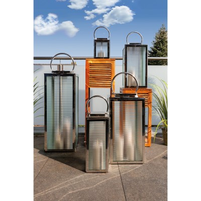 Lanterne MALAGA en acier inoxydable et verre cannelé - H 23 cm