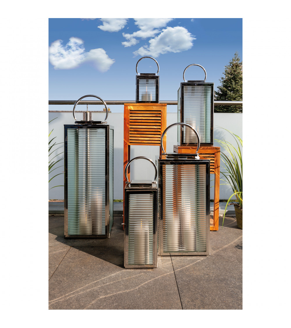 Lanterne MALAGA en acier inoxydable et verre cannelé - H 23 cm