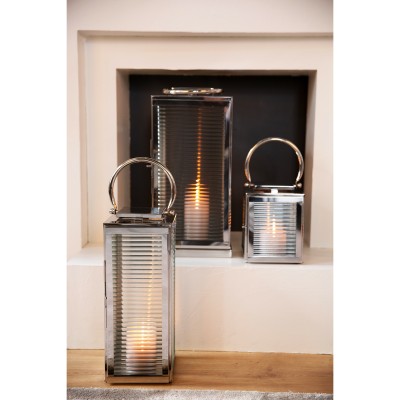 Lanterne MALAGA en acier inoxydable et verre cannelé - H 23 cm