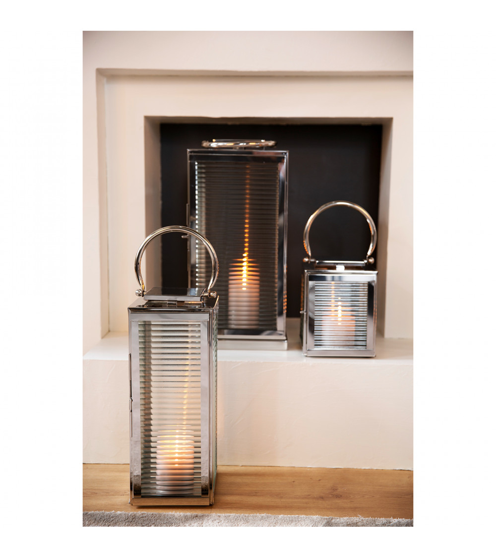 Lanterne MALAGA en acier inoxydable et verre cannelé - H 23 cm