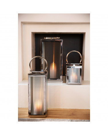 Lanterne MALAGA en acier inoxydable et verre cannelé - H 23 cm