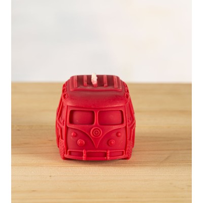 Bougie naturelle en cire de colza, bougie artisanale rouge bordeaux en forme de van VW T1, vue de face