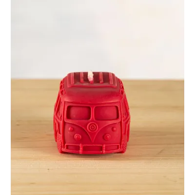 Bougie naturelle en cire de colza, bougie artisanale rouge bordeaux en forme de van VW T1, vue de face