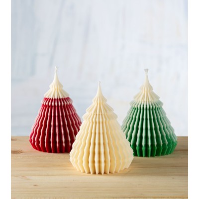 Gamme de bougies sapin artisanales en cire de colza, bougie Noël et décoration, crème, rouge et vert