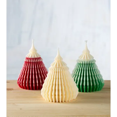 Gamme de bougies sapin artisanales en cire de colza, bougie Noël et décoration, crème, rouge et vert