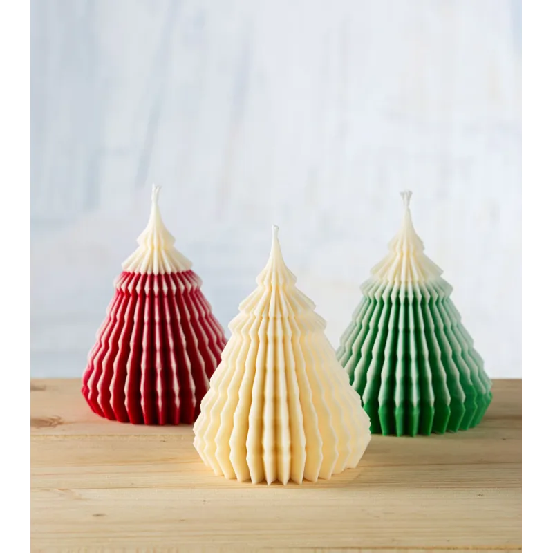 Gamme de bougies sapin artisanales en cire de colza, bougie Noël et décoration, crème, rouge et vert