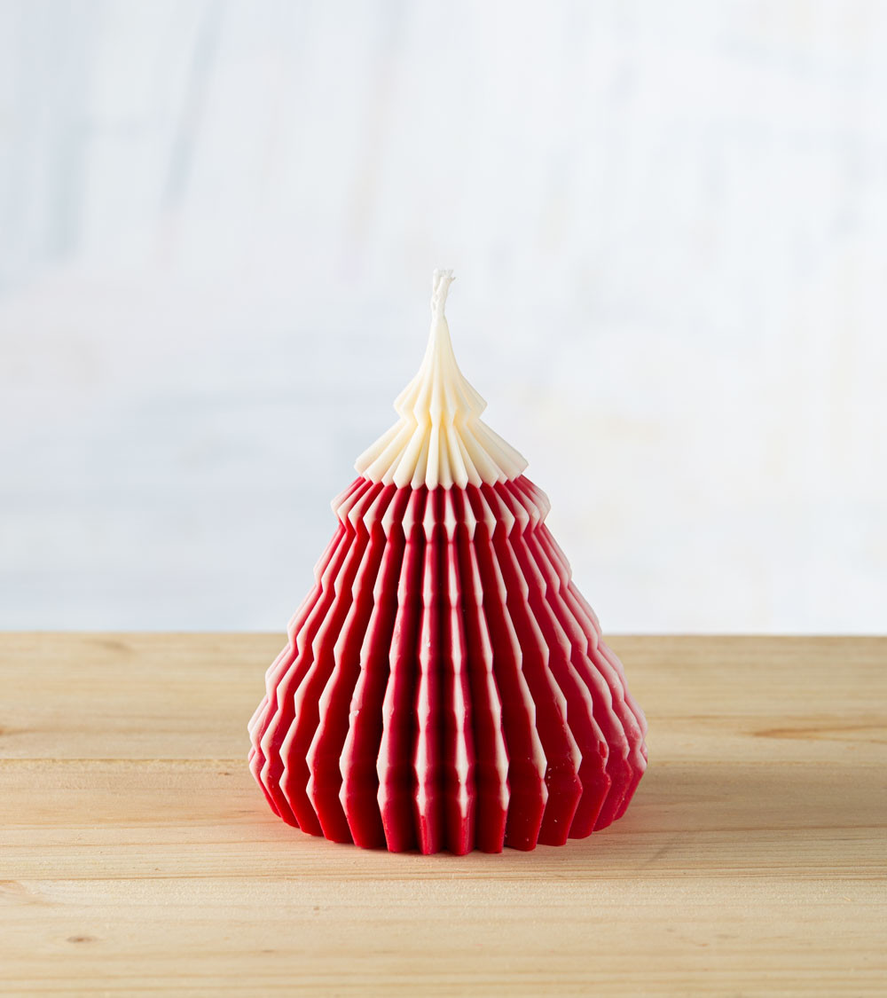 Bougie sapin artisanale en cire de colza, rouge, Ø 10 cm H 14 cm, bougie naturelle et décoration de Noël