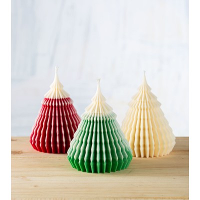 Gamme de bougies sapin artisanales en cire de colza, bougie Noël et décoration, vert, crème et rouge