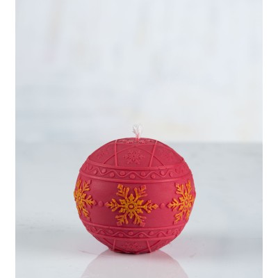 Bougie ronde "Flocon de neige" rouge et jaune – avec flocons de neige peints à la main sur une bande.