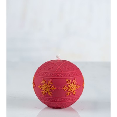 Bougie ronde "Flocon de neige" rouge – décorée de flocons jaunes peints à la main en bande centrale, fabrication artisanale