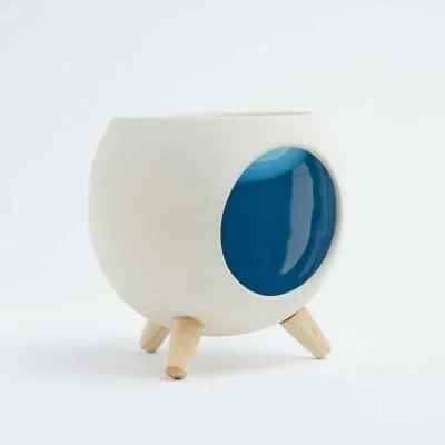 Brûle-parfum design ROUND BLUE vue de face avec intérieur bleu émaillé