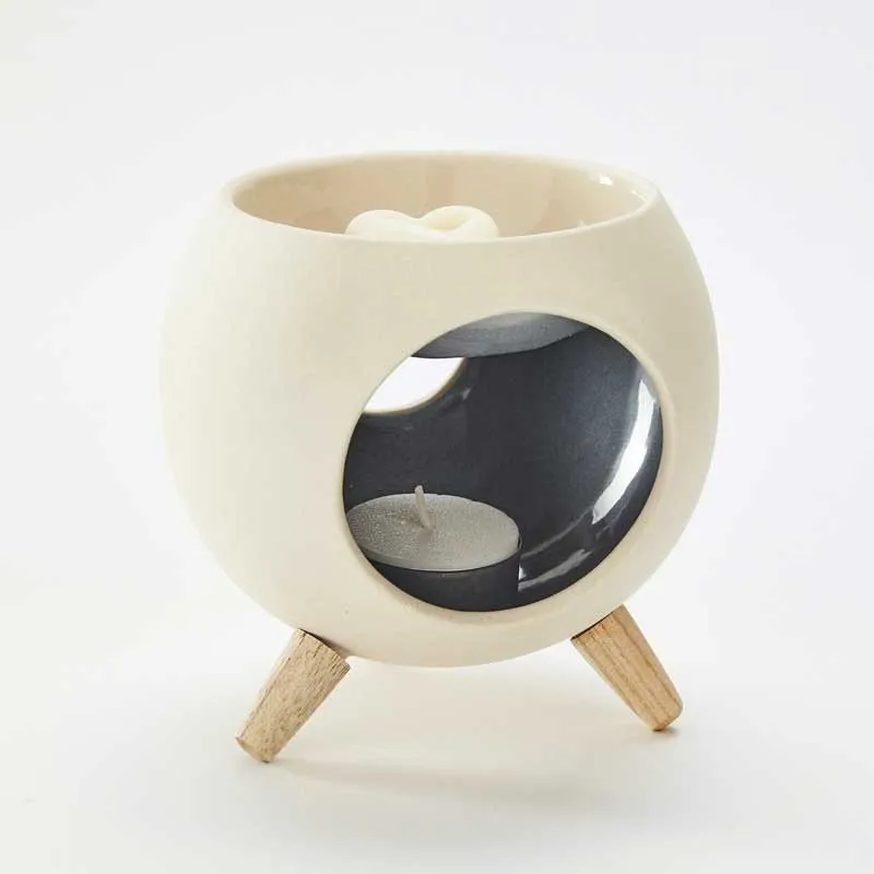 Brûleur cire parfumée ROUNDGREY en céramique blanche avec intérieur gris foncé