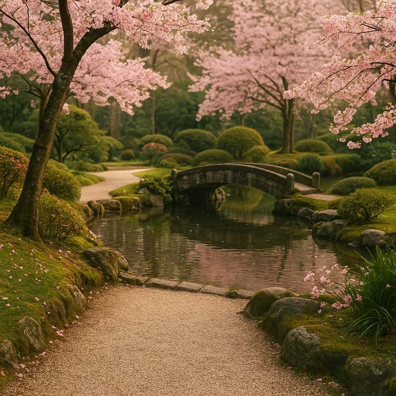 Jardin japonais en fleurs illustrant la bougie parfumée Jardin de Kyoto