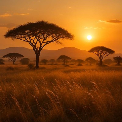 Savanne africaine au coucher du soleil pour la bougie parfumée Savanne de Tanzanie