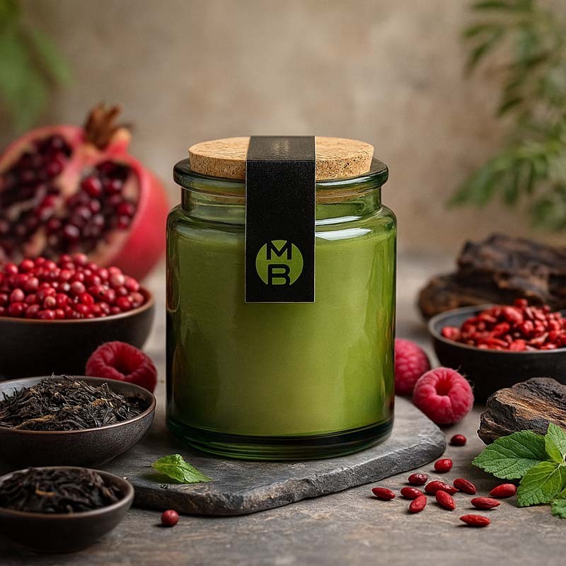 bougie parfumée Goji d’Himalaya avec les éléments de la pyramide olfactive