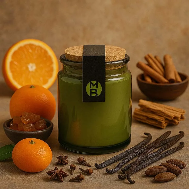 Bougie parfumée Sook d'Essaouira avec les éléments de la pyramide olfactive
