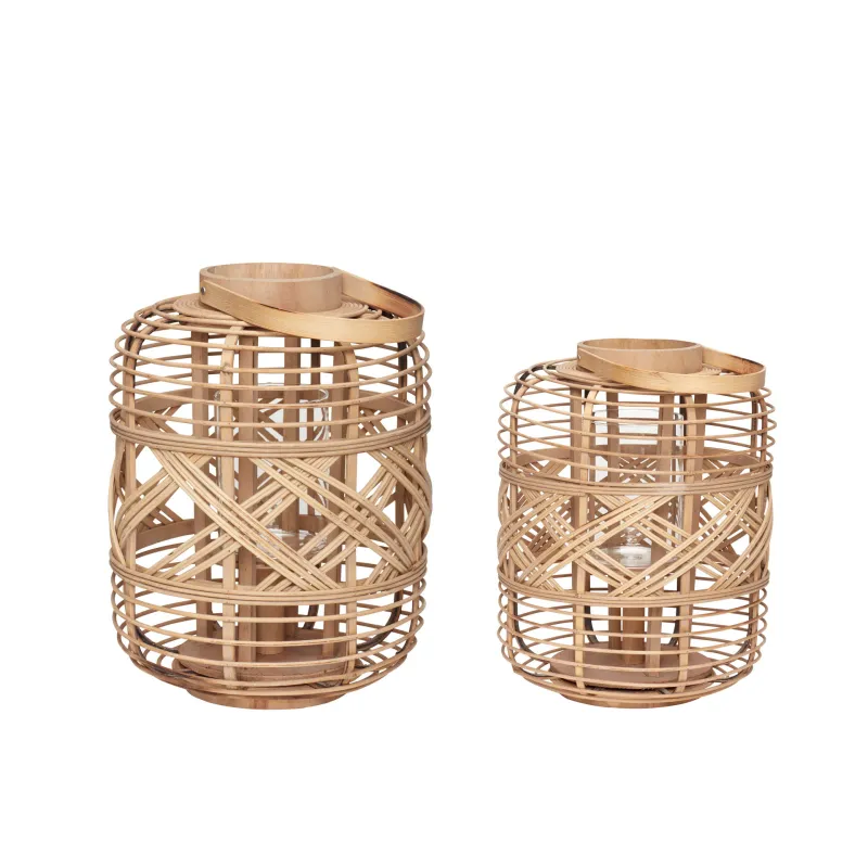 Lot de 2 lanternes en bambou naturel — tressage ajouré avec bandes diagonales et cylindre en verre, modèles Ø17×H29 et Ø20×H35