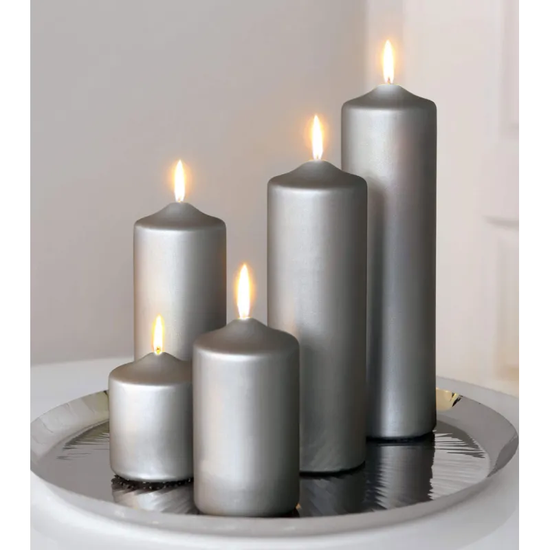 Bougie cylindrique colorée - gris métallique - Ø 8 cm - H 15 cm